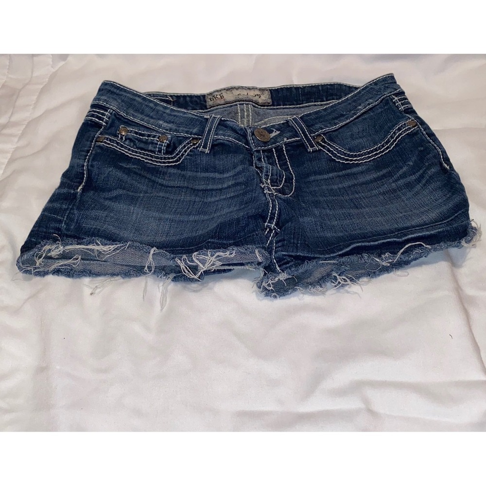 BKE Sabrina Denim Jean Shorts Dark Wash Frayed Raw Hem Contrast Stitch 26